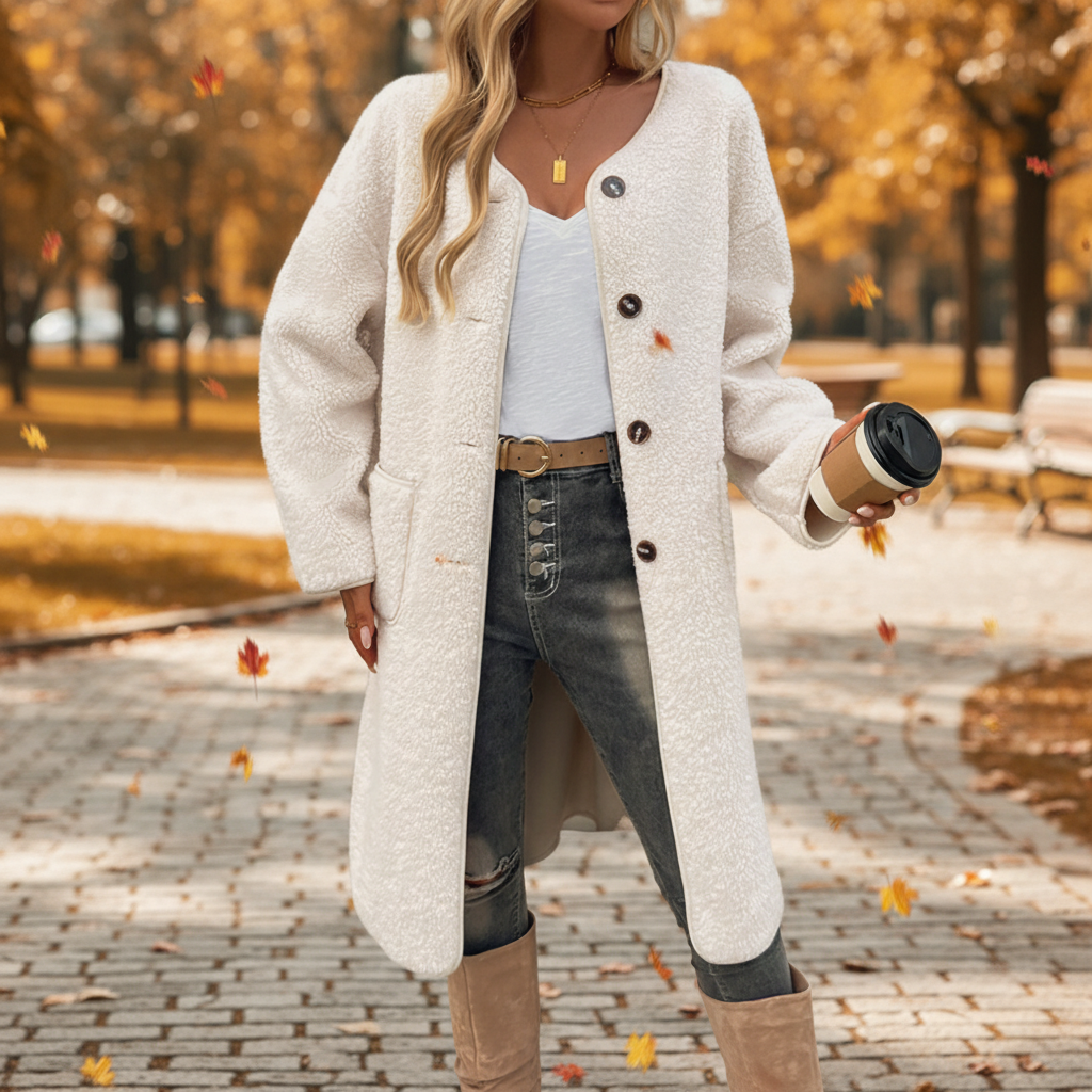 Women's Fluffy Coat | Button Fastening & Relaxed Fit 5