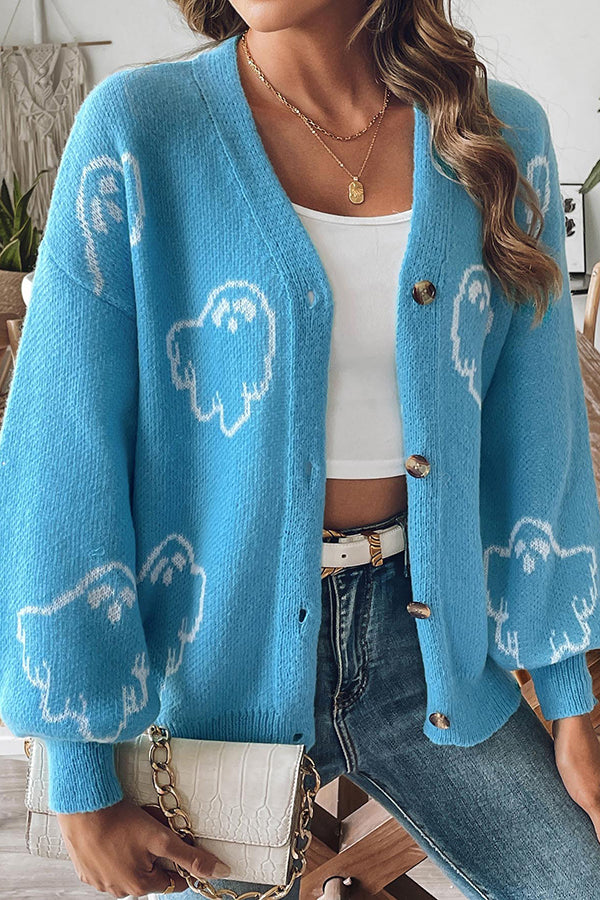 Women's Ghost Print Cardigan | Button Front & Ribbed Cuffs 4