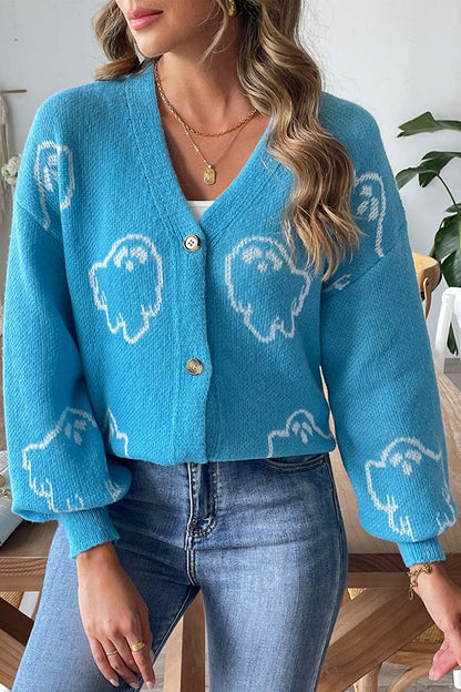 Women's Ghost Print Cardigan | Button Front & Ribbed Cuffs 6