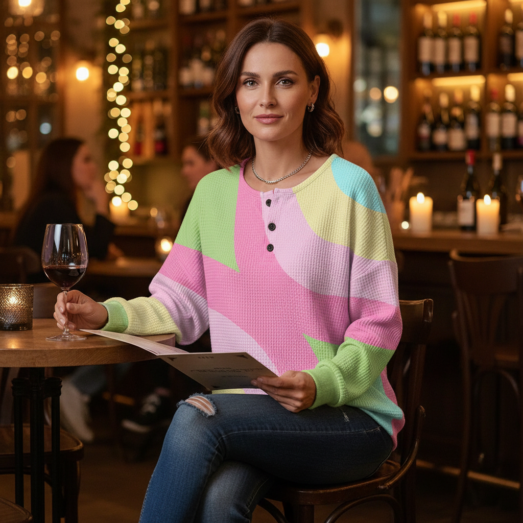 Women's Henley Long Sleeve Top | Waffle Texture 4