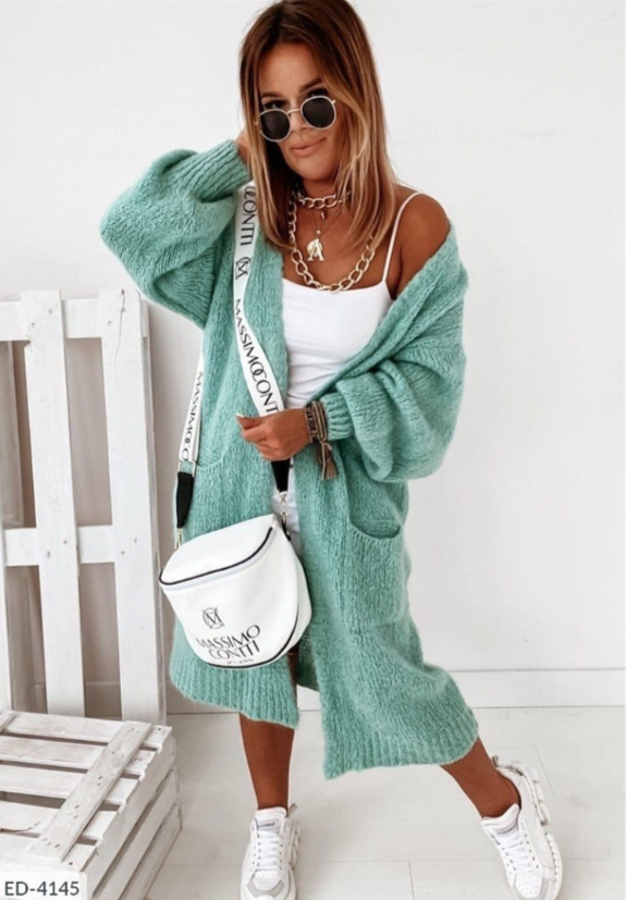 Women's Chunky Knit Cardigan | Balloon Sleeves & Maxi Length
