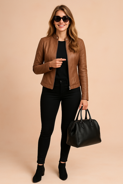 Women's Biker Jacket | Collarless & Tailored Fit 12