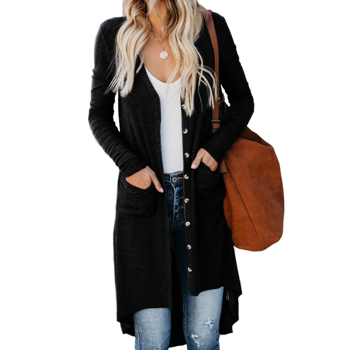 Women's Long Cardigan | Button-Up & Ribbed Knit