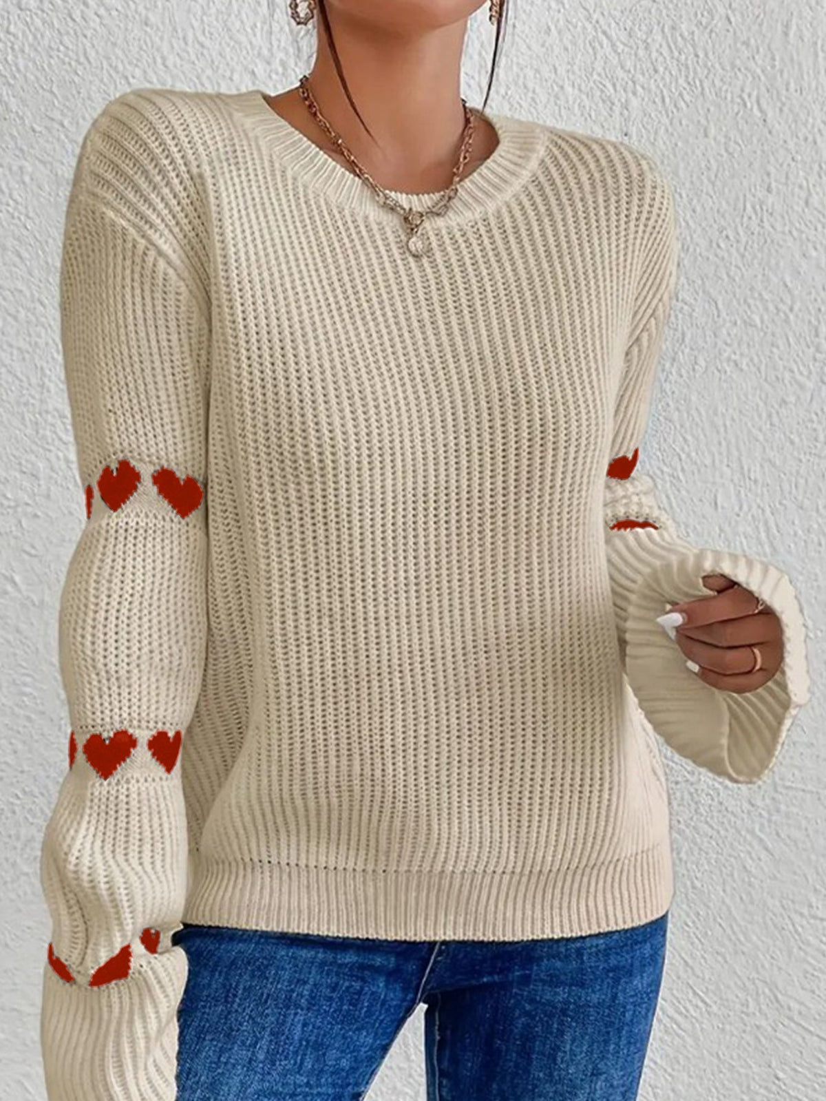 Women's Heart Pattern Jumper | Ribbed Knit & Relaxed Fit