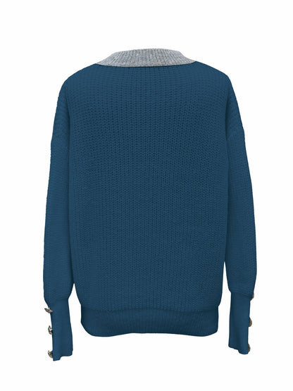Women's V-Neck Knit Jumper | Button Detail & Ribbed Knit 2