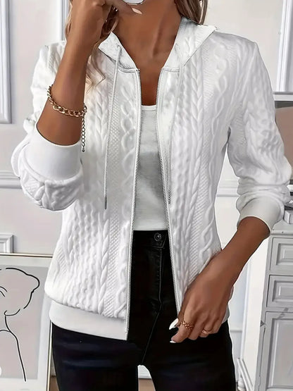 White cable knit zip up hoodie with ribbed cuffs and hood, front view