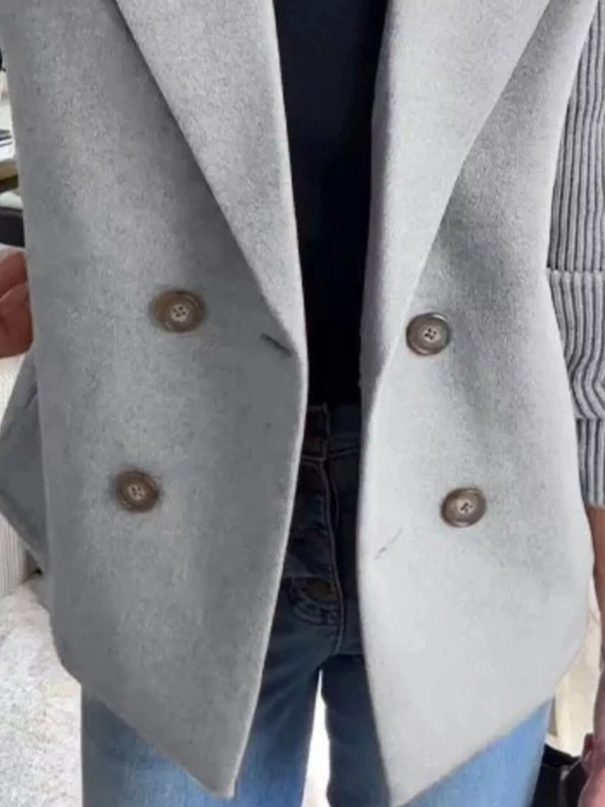 Double breasted short coat with shawl collar and knit cuffs