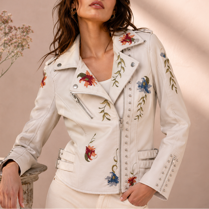 Women's Biker Jacket | Floral Embroidered Design 4