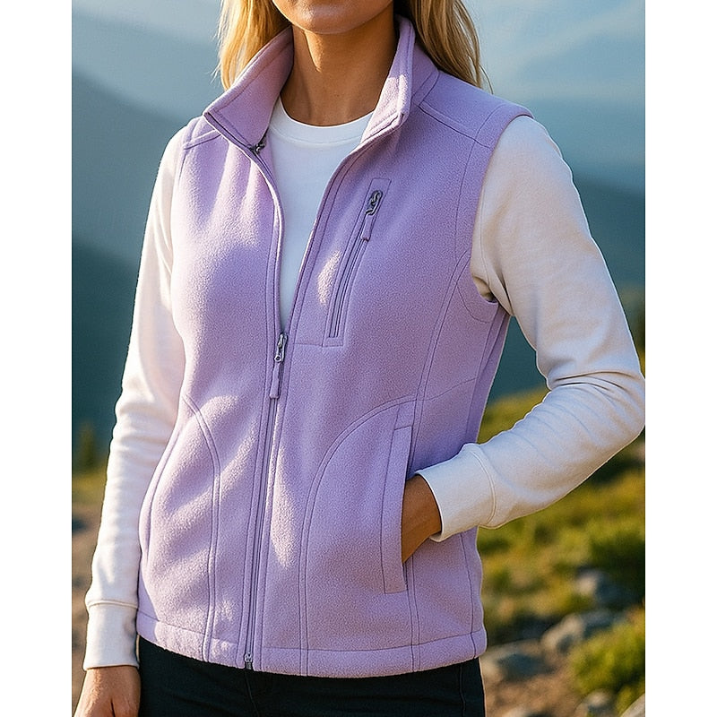 Purple fleece gilet with zip front and stand collar, front view