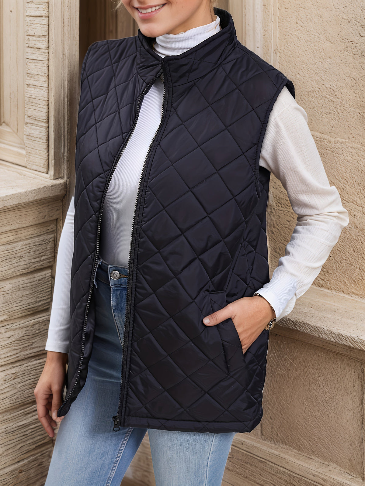Black diamond quilted longline gilet with zip front