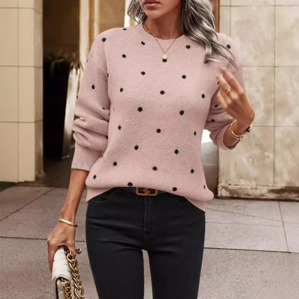 Women's Polka Dot Sweater | Crew Neck & Ribbed Knit