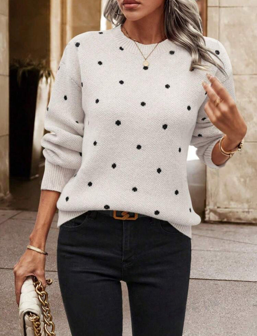 Women's Polka Dot Sweater | Crew Neck & Ribbed Knit
