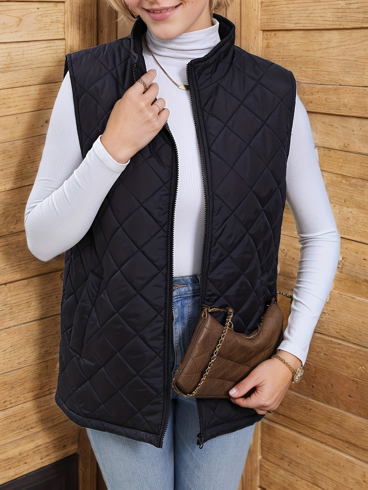 Black diamond quilted longline gilet with zip front