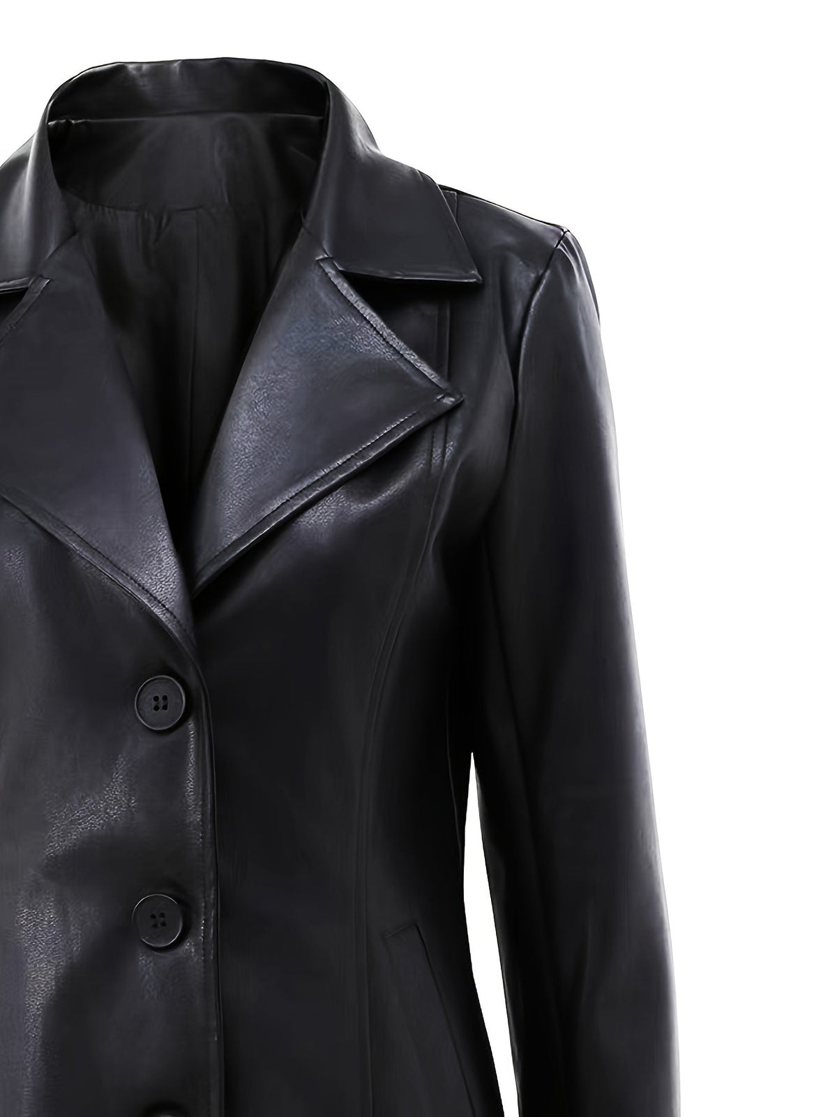 Black leather look longline winter coat with notch lapel