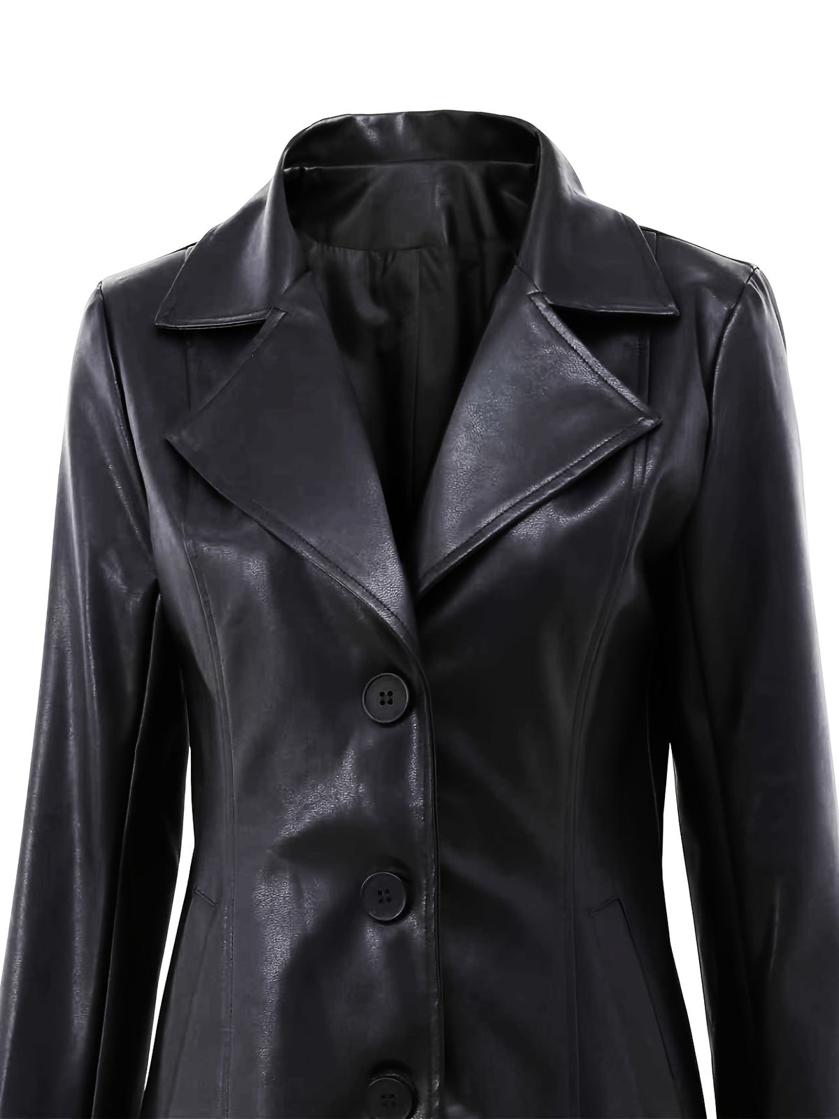 Black leather look longline winter coat with notch lapel