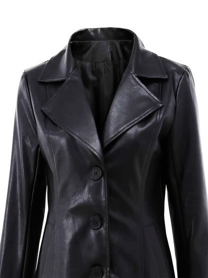 Black leather look longline winter coat with notch lapel