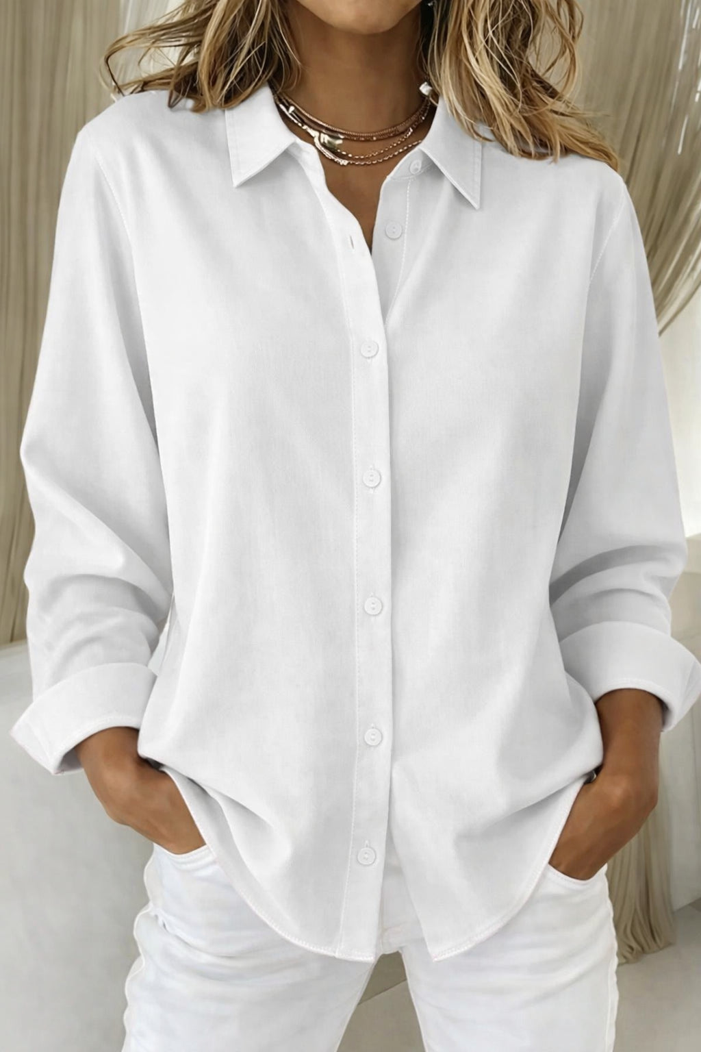 Geraldine | Women's Linen Casual Elegant Collared Blouse — White