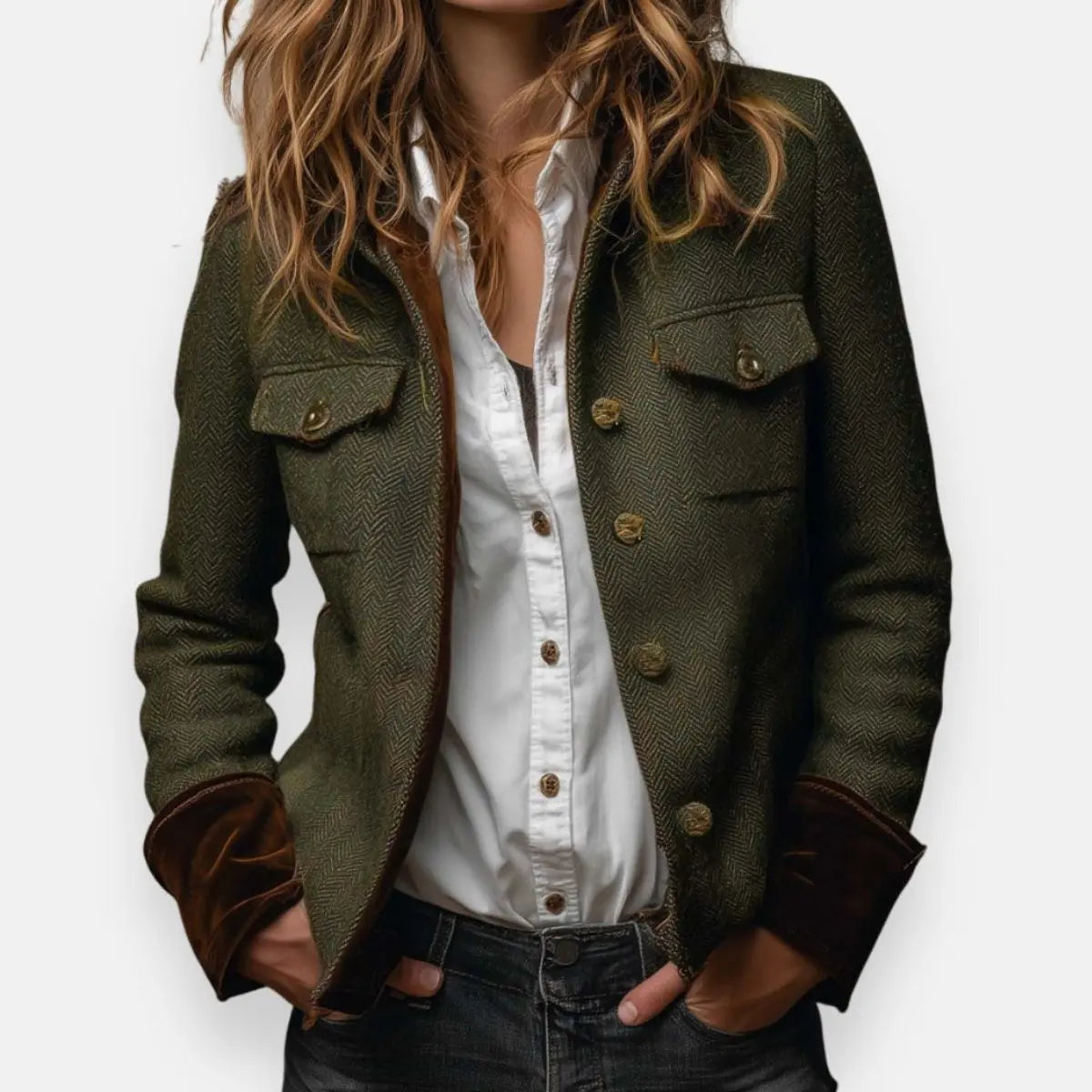 Army Green quilted jacket with utility chest pockets and cord trim, front view