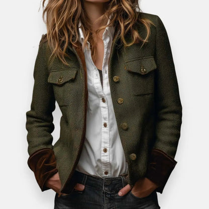 Army Green quilted jacket with utility chest pockets and cord trim, front view