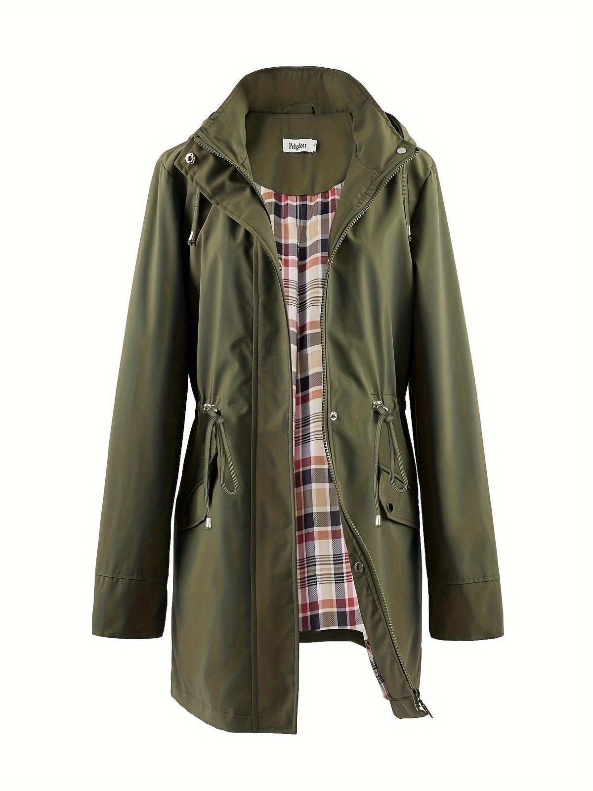 Black hooded anorak parka with drawstring waist and zip front, front view
