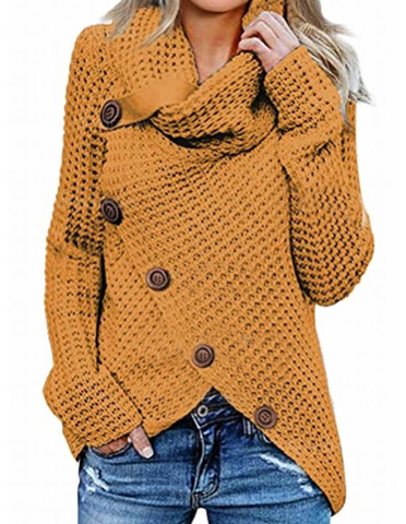 Cowl neck knit jumper with button detail and asymmetric hem