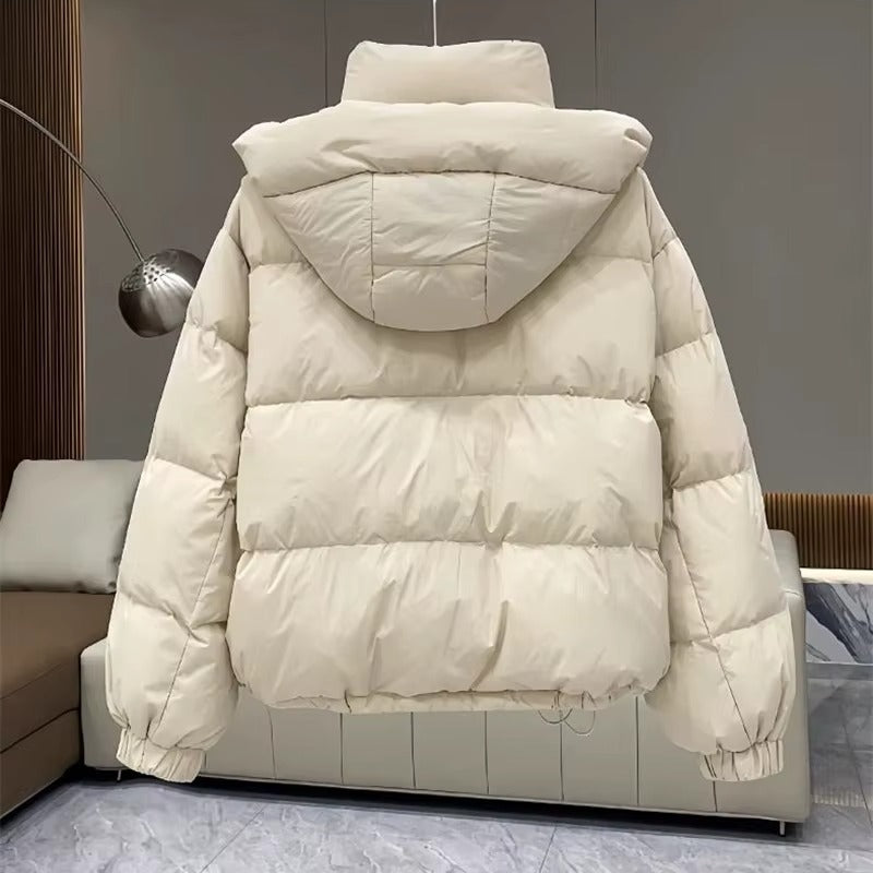 High neck quilted hooded puffer jacket with a quilted construction