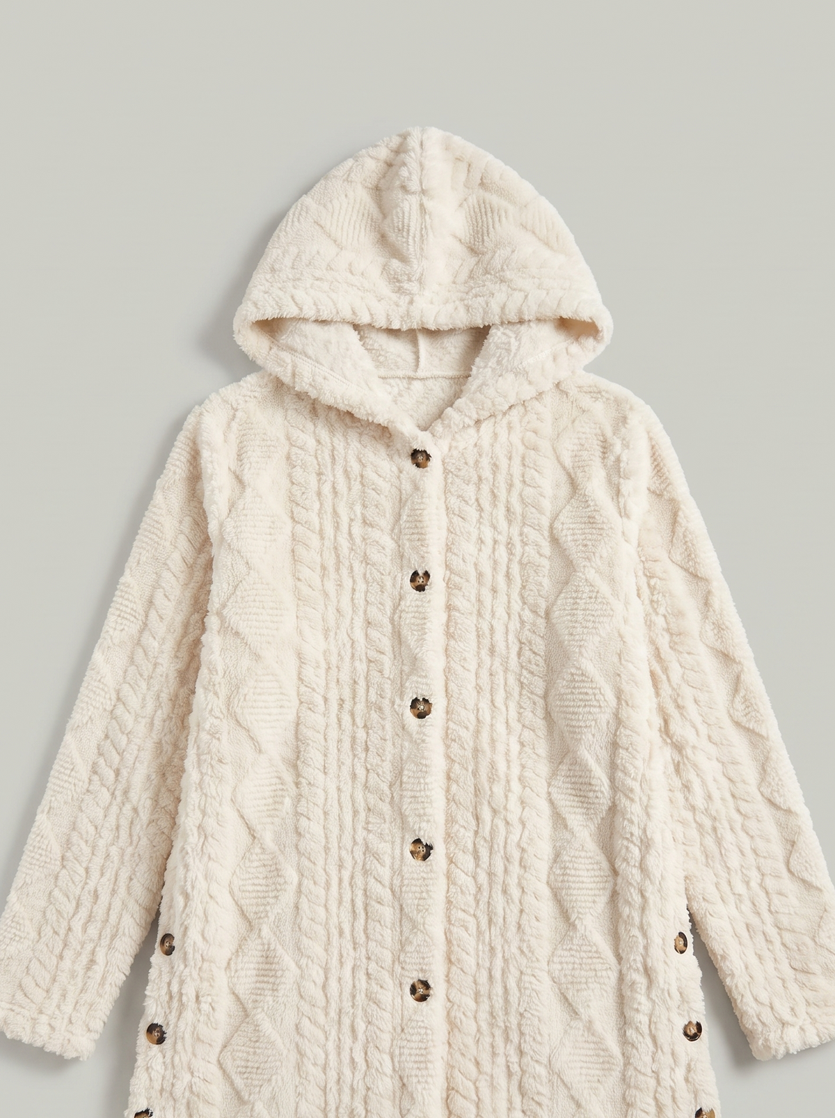 Ivory plush hooded longline cardigan flat lay product photo — Adriana by Aveloire