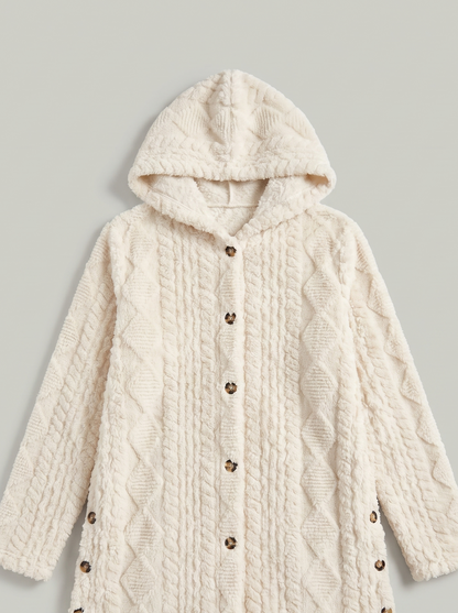 Ivory plush hooded longline cardigan flat lay product photo — Adriana by Aveloire