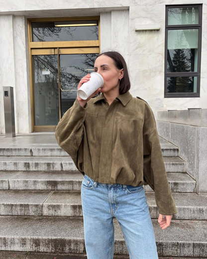 Women's Cropped Oversized Jacket | Collared & Blouson Sleeve Design
