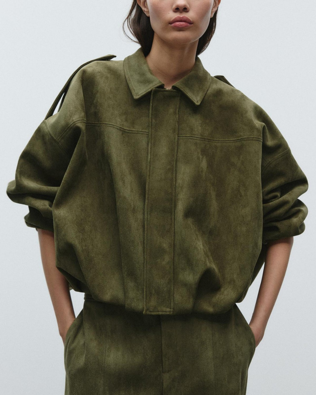 Women's Cropped Oversized Jacket | Collared & Blouson Sleeve Design