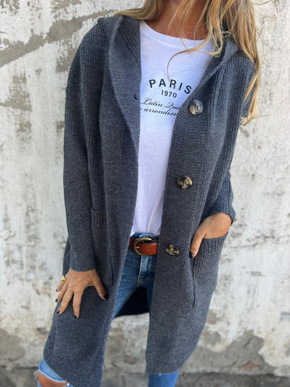 Women's Longline Knitted Cardigan | Hooded & Button Front 3