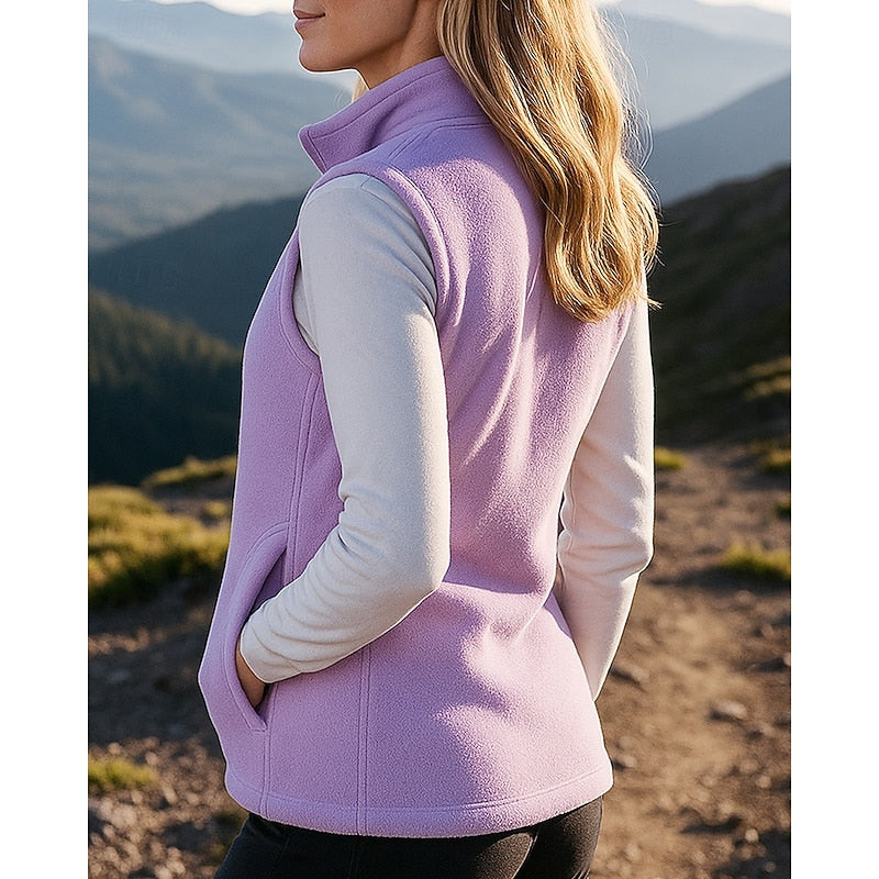 Purple fleece gilet with zip front and stand collar