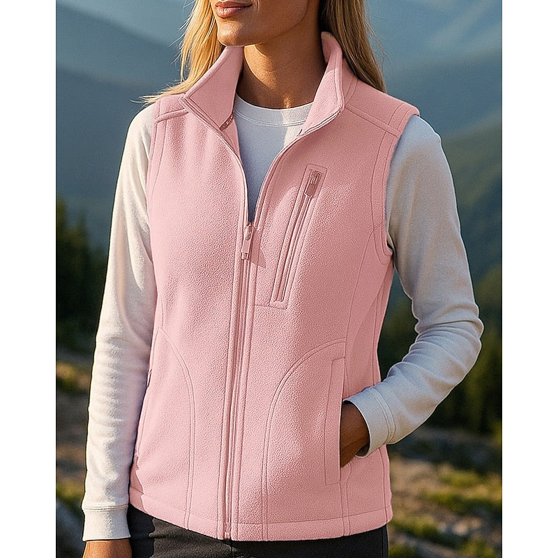 Pink fleece gilet with zip front and stand collar