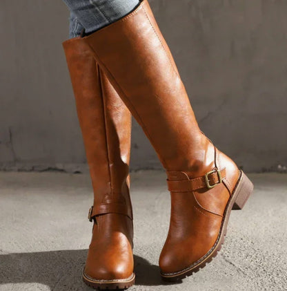 Lainey | Women's Knee-High Block-Heel Buckle Strap Leather Boots
