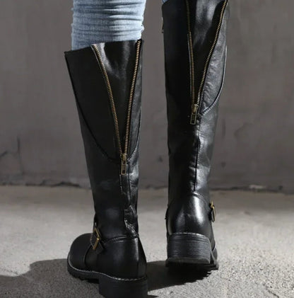 Lainey | Women's Knee-High Block-Heel Buckle Strap Leather Boots