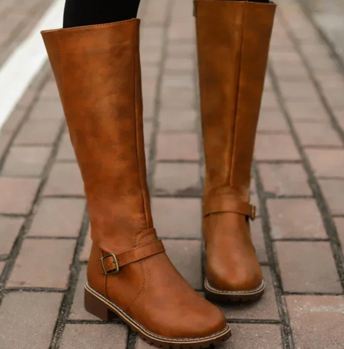 Lainey | Women's Knee-High Block-Heel Buckle Strap Leather Boots