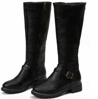 Lainey | Women's Knee-High Block-Heel Buckle Strap Leather Boots