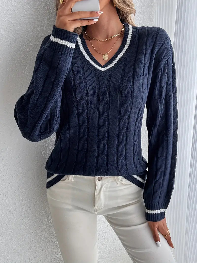 Image of Lilly | Women's V-Neck Cable Knit Sweater