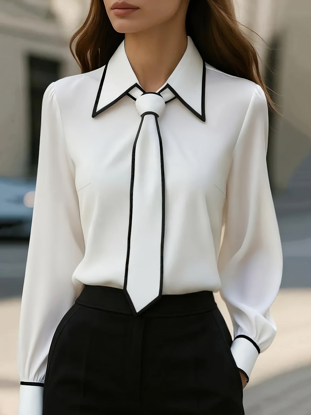 Women's Tie-Neck Blouse | Structured Collar & Puff Cuffs 1