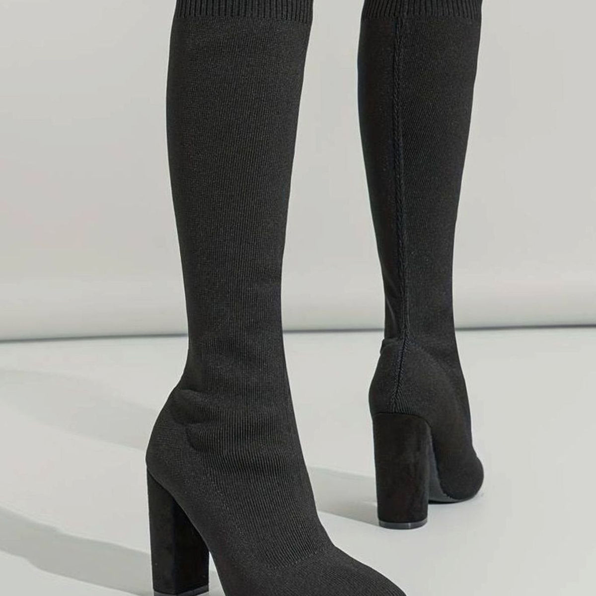 Miriam | Women's Knitted Knee-High Sock Boots Block Heel Pointed Toe