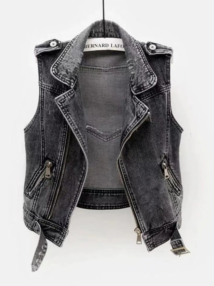 Dark Grey denim waistcoat with biker zip detail and raw hem, front view