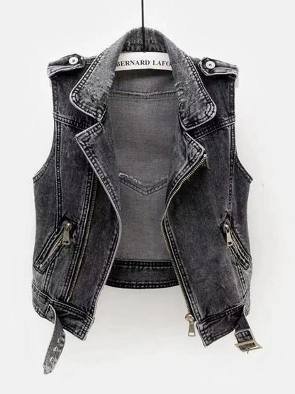 Dark Grey denim waistcoat with biker zip detail and raw hem, front view