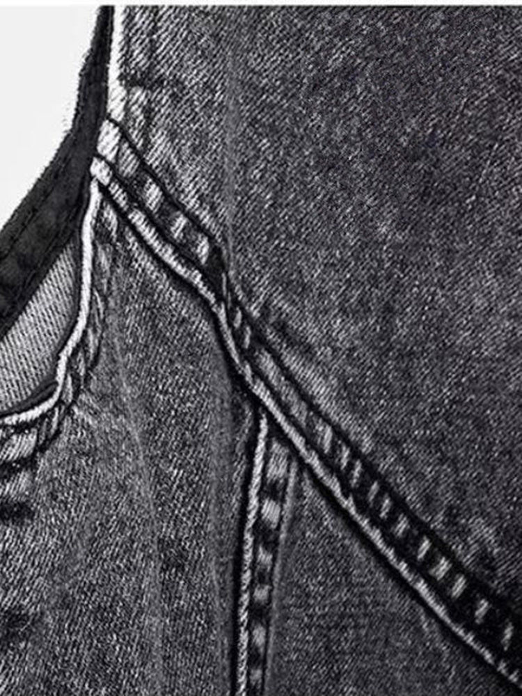 Denim waistcoat with biker zip detail and raw hem