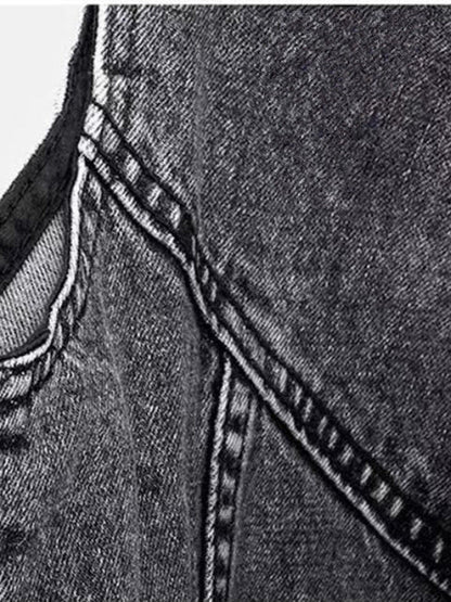 Denim waistcoat with biker zip detail and raw hem