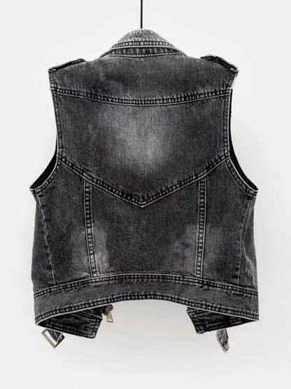 Denim waistcoat with biker zip detail and raw hem