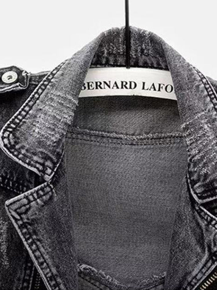Denim waistcoat with biker zip detail and raw hem
