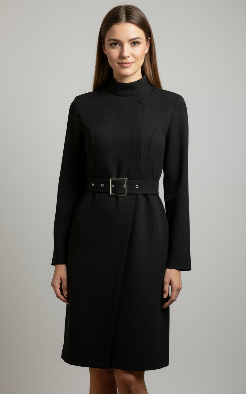 Black Nina asymmetric belted A-line midi dress by Lumina Wear, shown on a model. Elegant, flowy dress with a stylish belt detail.