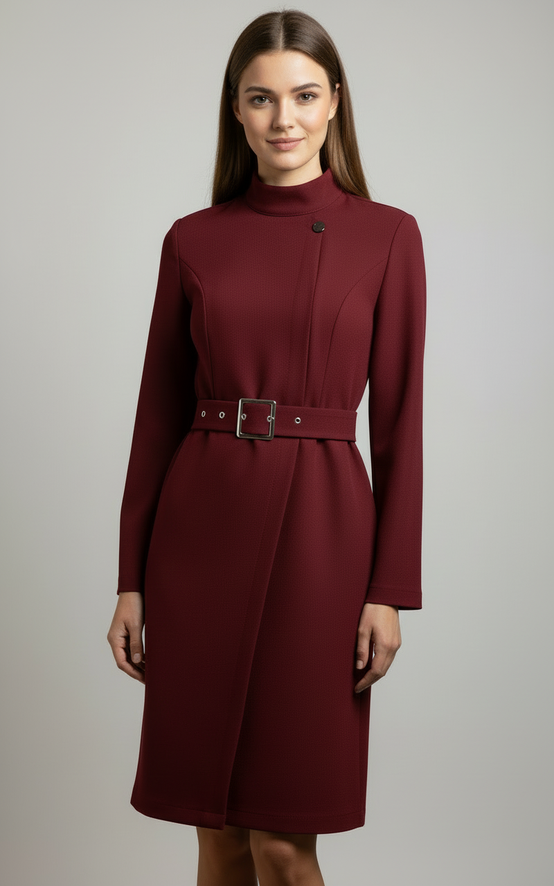 Black Nina Lumina Wear midi dress with asymmetric design and belted A-line silhouette, shown on a model.