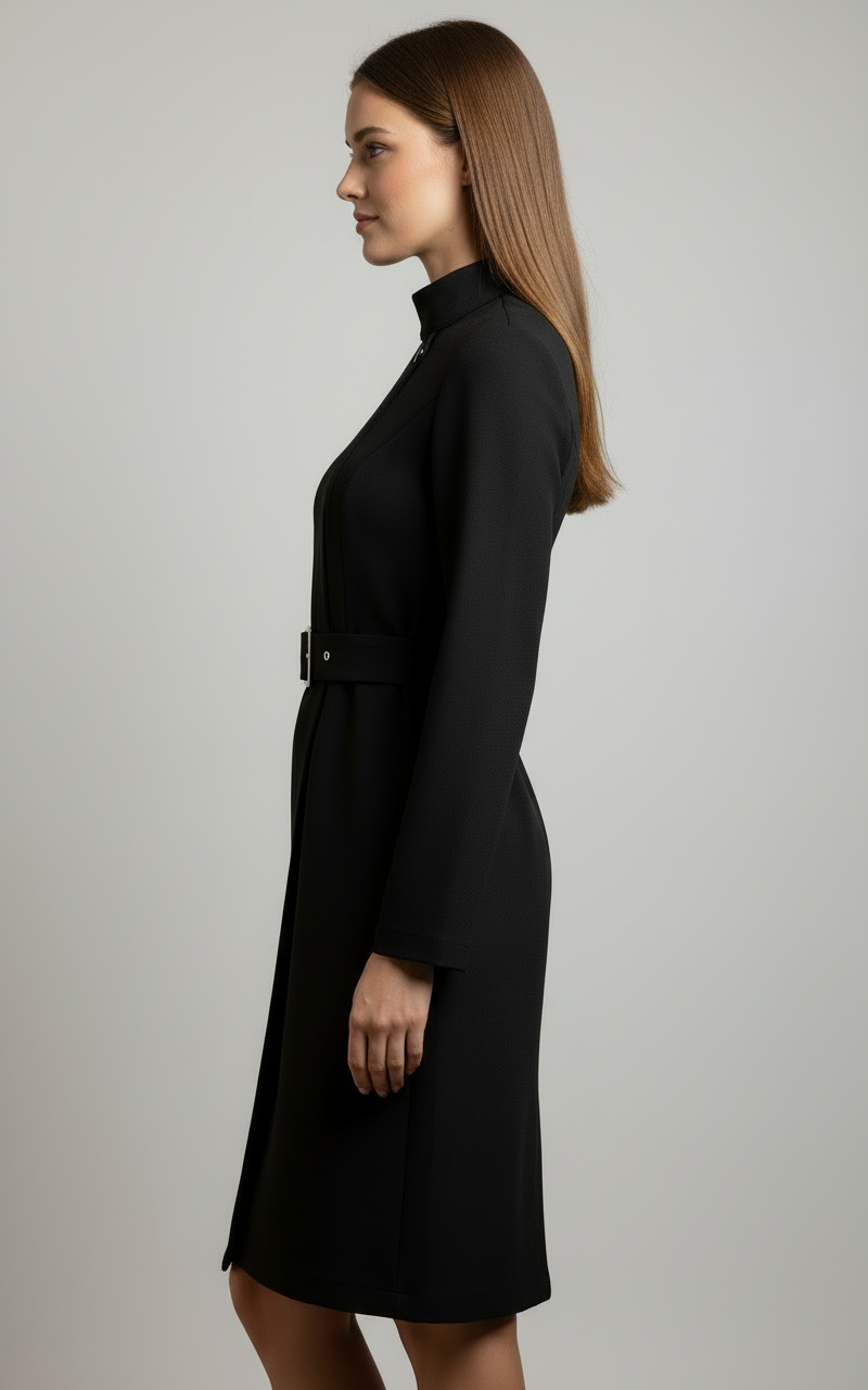 Black Nina Lumina Wear asymmetric belted A-line midi dress, fitted waist, sleeveless, elegant and stylish for casual or formal wear.