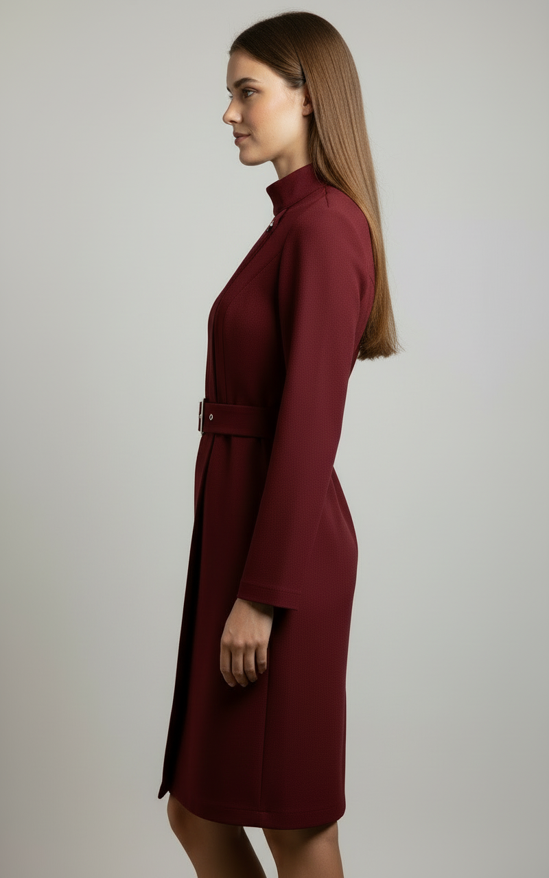 Black Nina asymmetric belted A-line midi dress by Lumina Wear, displayed on a hanger with a focus on the dress's design details.